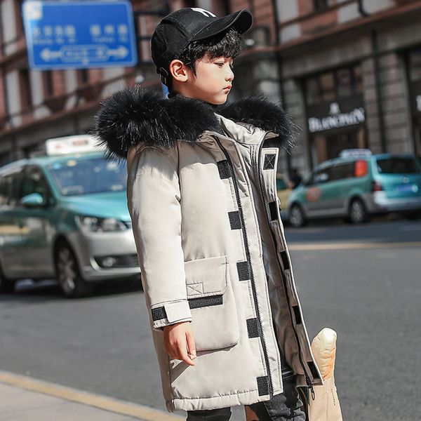 

2019 new children's fashion down jacket big boys long thick winter coat fur collar hooded cloak keep warm snowwear drop shipping, Blue;gray