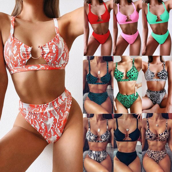 

2020 explosion models swimwear foreign trade ladies split swimsuit green leopard bikini new solid color swimwear ing, White;black