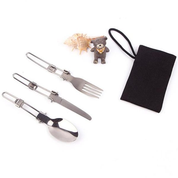 

portable3-in-1 outdoor travel camping stainless utensil set foldable knife fork & spoon for hiking camping cycling fishing 4a