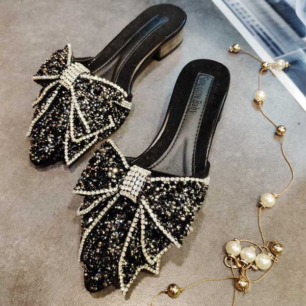 

sandals big rhinestone bow women pointy black/silver crystal knot slides shoes woman glitter flip flops size 41