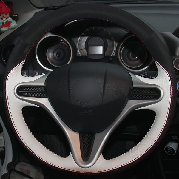 White Natural Leather Black Suede Car Steering Wheel Cover For Honda Fit 2009 2013 City Jazz Vinyl Steering Wheel Cover Western Steering Wheel Covers