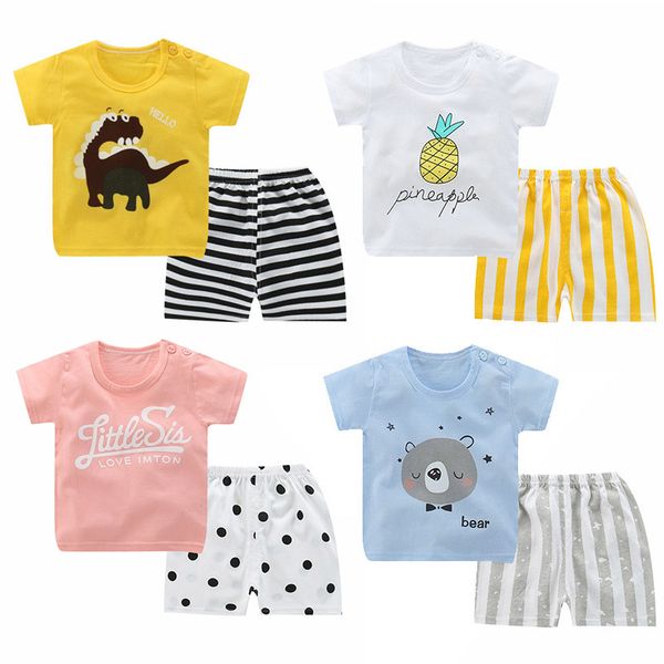 

2pcs/sets cotton summer children boy girl clothing sets kids cartoon child t shirt shorts toddler leisure sport t-shirt suits, White