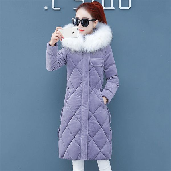 

2019 new winter coats large fur collar corduroy gold velvet down cotton jackets women long parka coat thick slim overcoat yh530, Black