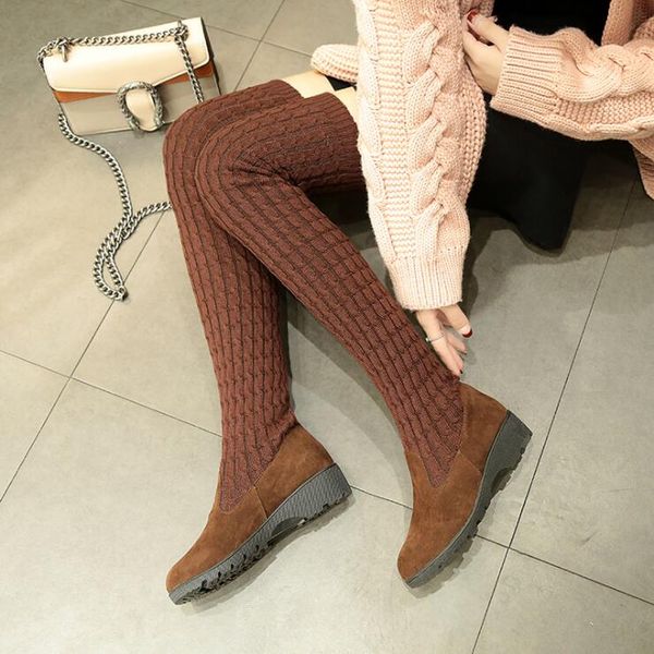 

women shoes woman boots fashion knitted wool over the knee boots 2019 autumn new comfortable breathable x47, Black