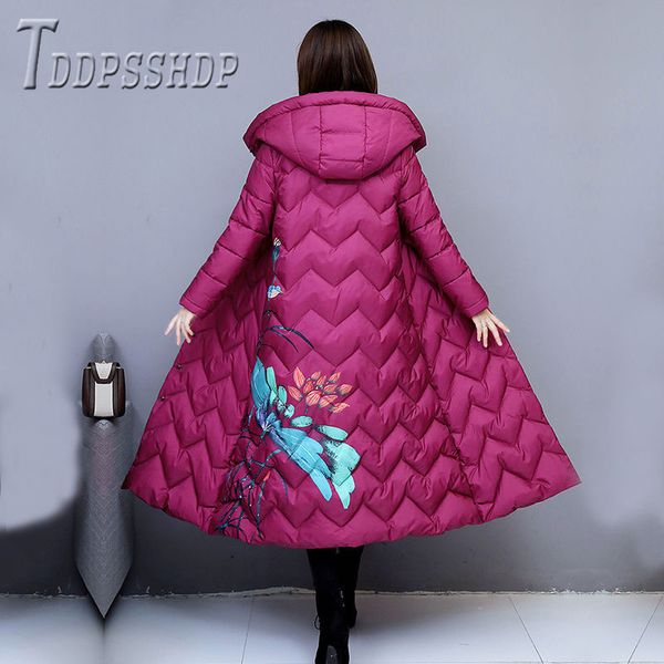 

2019 ethnic winter women parkas black and pink flower female parka overcoat