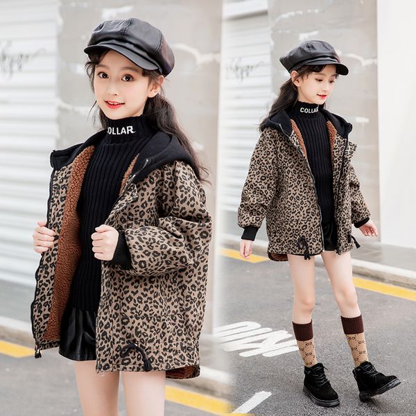 

children's velveted leopard denim jacket outerwear boys & girls fashion hooded trench coat teenager kids casual windbreaker, Camo