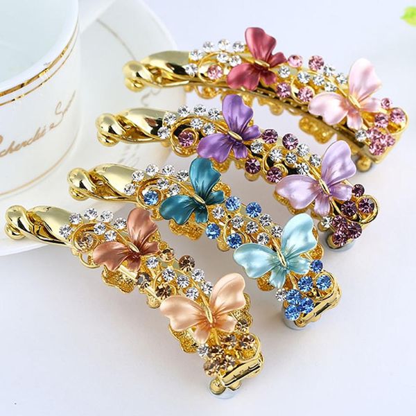 

women elegant banana hair clip hairpin crystal barrettes claw ponytail holder butterfly clips bridal hair jewelry women accessor, Golden;white
