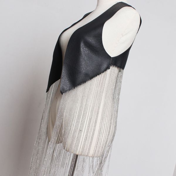 

ewq] 2019 spring autumn new pattern punk mixed hip hop style splice silver long tassel solid open stitch black short coat af31601, Black;brown