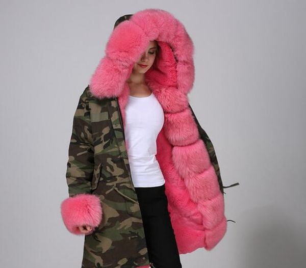 INS QUENTE rosa fox fur guarnição com capuz Limiar mulheres para Parkas mulheres casacos Meifeng marca rose fox coelho forro de pele Camuflagem longo parkas