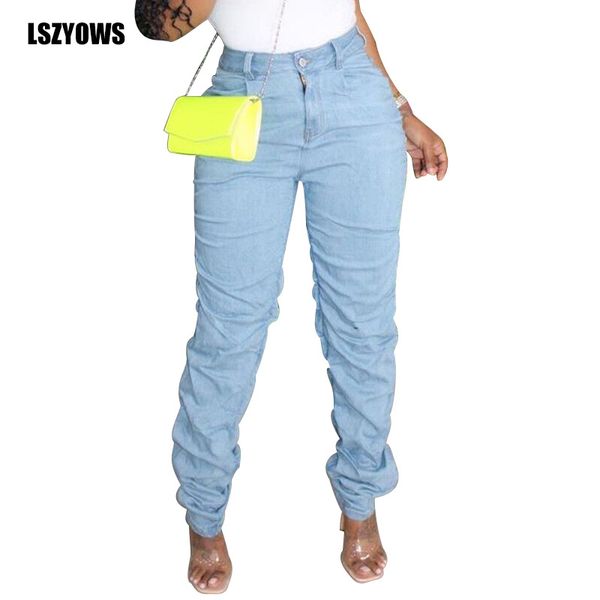 

2020 women ruched jeans fashion high waist casual streetwear denim pants femme vintage solid skinny jeans ladies pencil trousers, Blue
