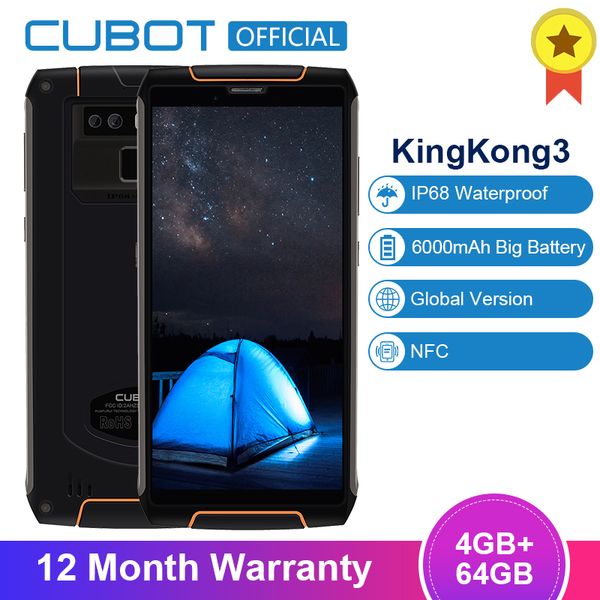 

cubot king kong 3 ip68 waterproof smartphone android 8.1 4gb 64gb mt6763t octa core cellular 5.5'' 18:9 6000mah fast charge 16mp