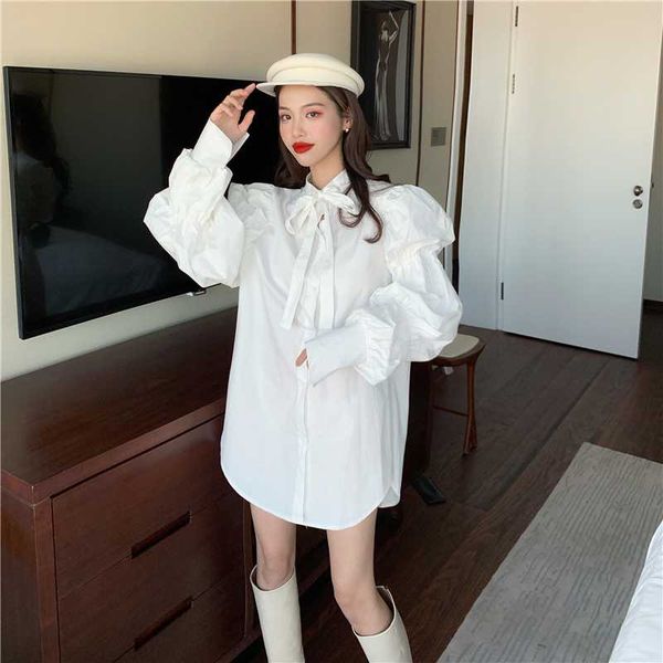 

spring and summer 2020 new fashion bow lace-up shirt female puff long sleeve solid color single breasted loose white shirt