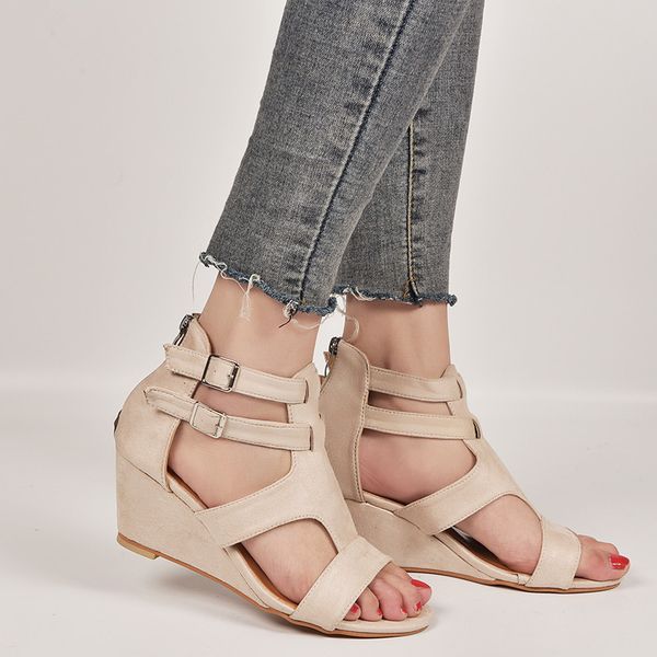 

nice summer women sandals leopard wedges med heel open toe beach ladies height increasing shoes platform buckle strap plus size, Black