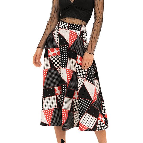 

летняя юбка высокая талия полиэстер повседневная мода леди чешский клетчатый высокая талия a-образная пляжная юбка длиной до половины длины, Black