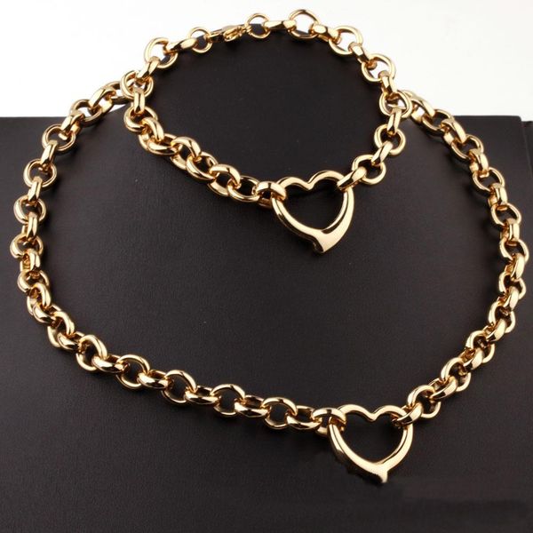 

titanium steel 2pcs jewelry sets high polished o link chain heart charm necklace & bracelet women bangle gold silver