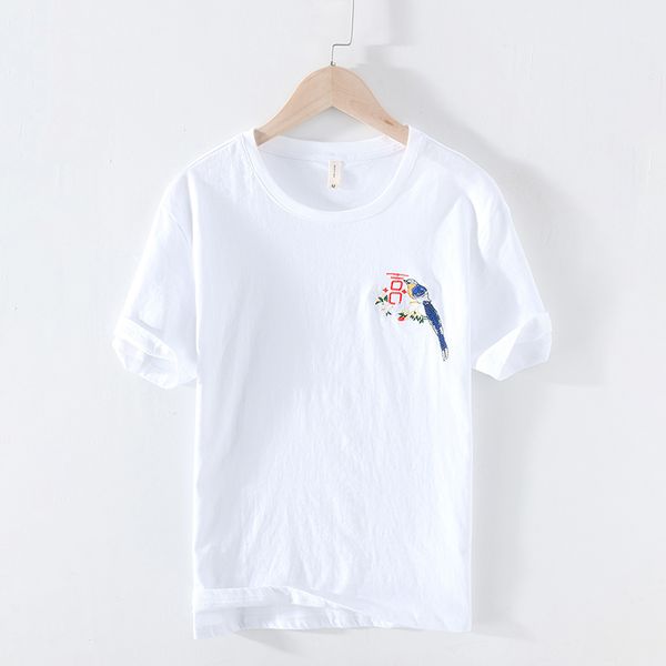

2020 summer new cotton linen t-shirt men o-neck fashion animal embroidery casual t shirt basic tees short sleeve y2522, White;black