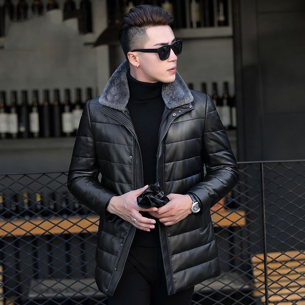 

men's down jacket winter genuine leather jacket men sheepskin leather warm down coat real sheep fur collar jackets 17s755 yy374, Black