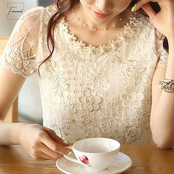 

womens 2019 blouses new offer fashion chiffon shirt casual lace beading embroidery o neck womens blouse s xxxl d338a31, White