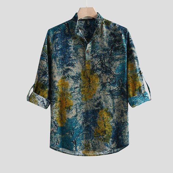 

feitong 2019 shirts new arrivals fashion autumn mens casual multi color long sleeve stand collar round hem loose shirts blouse, White;black