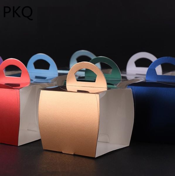 

10pcs colored cupcake boxes with handle wedding favors cake box and packaging pvc window dessert display box
