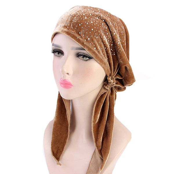 

women turban rhinestone velvet headwrap pre-tie headscarf bandana winter hats