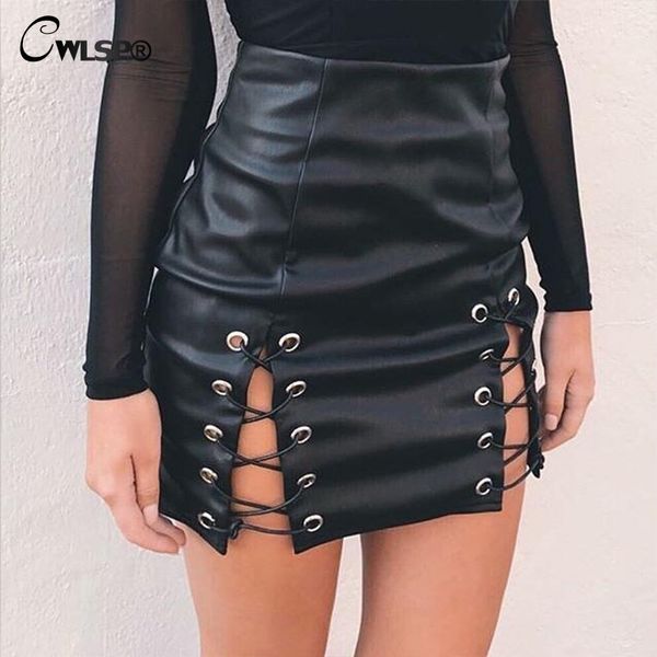 

cwlsp black mini pu skirts back zipper lady pencil leather skirt shorts empire lace up skirt slim waist women saia qz2395 y19043002