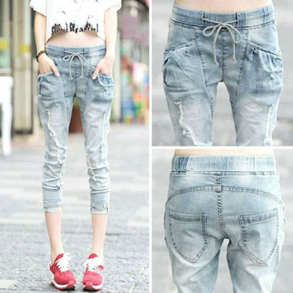 

fashion capris jeans woman summer 2019 female elastic waist calf-length ripped hole denim pants jeans capri for women jean femme, Blue