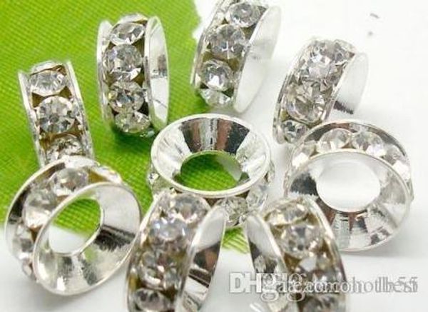 

100 pcs/lot 10mm 12mm white mixed multicolor rhinestone silver plated big hole crystal european beads spacer, loose bead diy findings.e6735