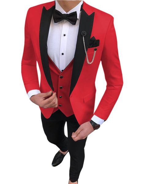 2019 neue heiße rote Herrenanzüge 3-teilig Slim Fit Freizeit-Grauzeugen 14-Farben-Revers Business-Smoking für formelle Hochzeit (Blazer + Hose + Weste)