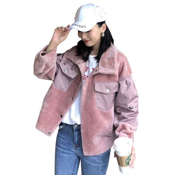 

2019 autumn winter women real fur coat sheep shearing fur down jacket female patchwork loose short thick warm down parkas z125, Black