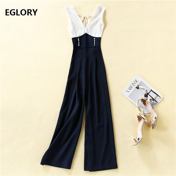 

new jumpsuit 2020 summer rompers women deep v-neck pleated patchwork tunic buttons deco sleeveless jumpsuits, Black;white
