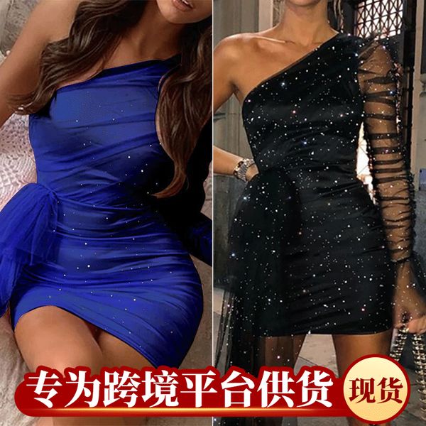 

casual dresses wind dress shoulder irregular clothes short skirt, Black;gray