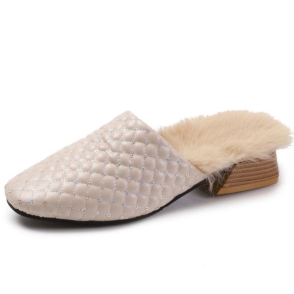 

fashion autumn winter crystal plush mules woman shoes fur slippers fur flip flop slides low heels leather outside mules, Black
