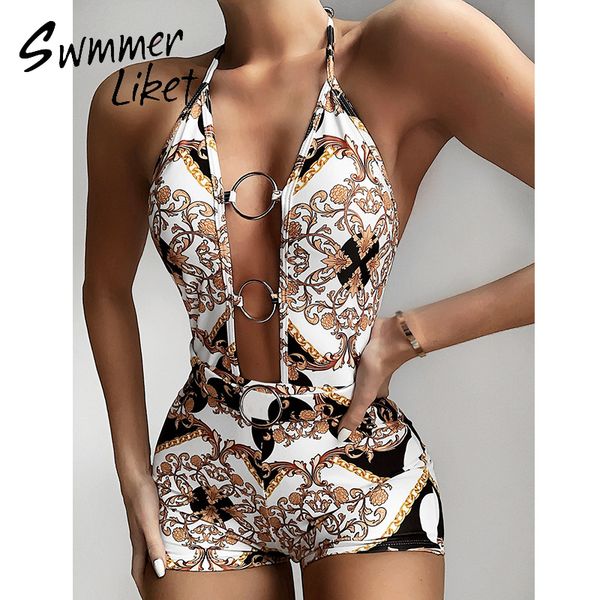

vintage one piece swimsuit women belt bathing suit print swimwear 2020 female hollow out bodysuit bathers bikini retro monokini, White;black