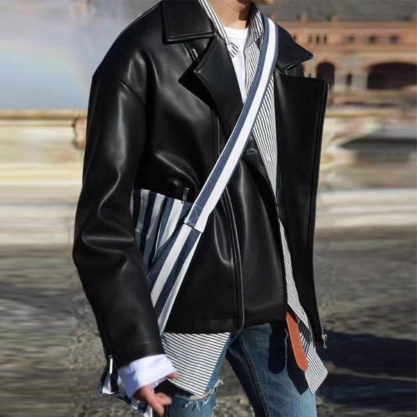 

2020 spring and autumn new men's youth trend diagonal zipper solid color leather fashion casual loose jacket coat black m-2xl, Black;brown