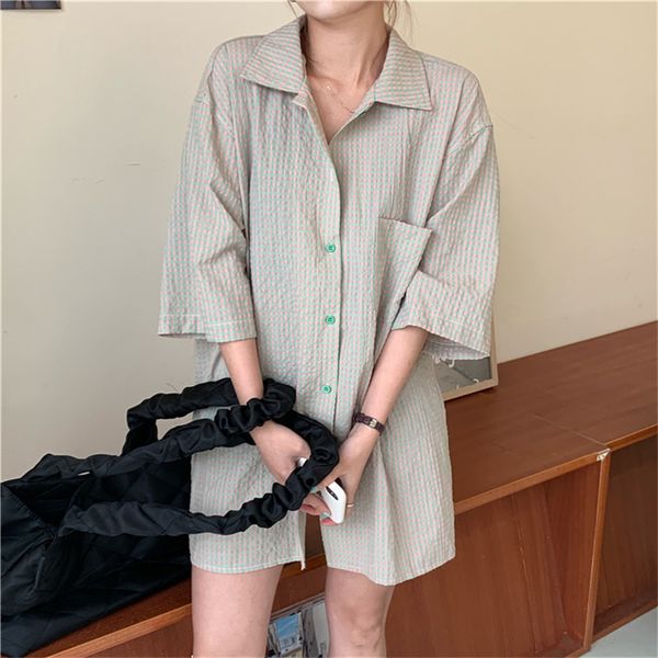 

hzirip summer new 2020 minimalist women loose korean plaid short-sleeved ladies chic fashion design niche comfortable shirt, White