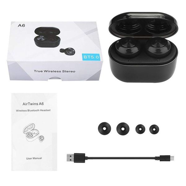 

mini wireless bluetooth headphone 5.0 tws a6 twins earphone earbuds with charge box stereo wireless headset eliminate noise with microphone