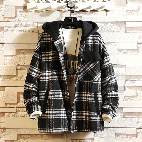 

2019 winter jacket men fashion with hooded retro casual plaid man streetwear hip hop loose bomber clothes oversize m-5xl, Black;brown