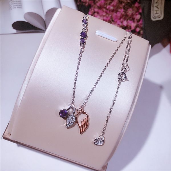 

s925 стерлингового серебра инкрустированные натуральный кристалл крыло ангела ожерелье классический дизайнер дамы мода ключицы цепи ювелирны, Silver