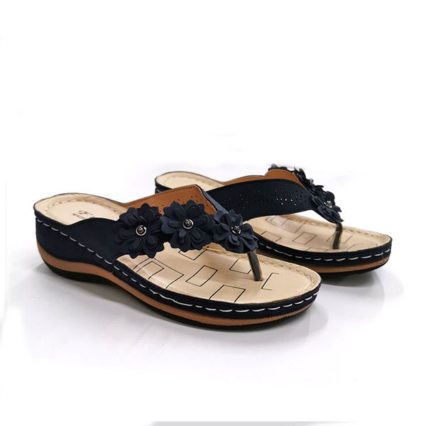 

2020 handmade retro slippers flowers super comfort flat round toe casual women sandals wedge flip-flops female footwear, Black