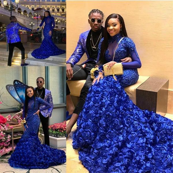 

gorgeous royal blue mermaid evening dresses 2019 african black girls sheer long sleeve appliques sequins beads long special occasion dress, Black;red