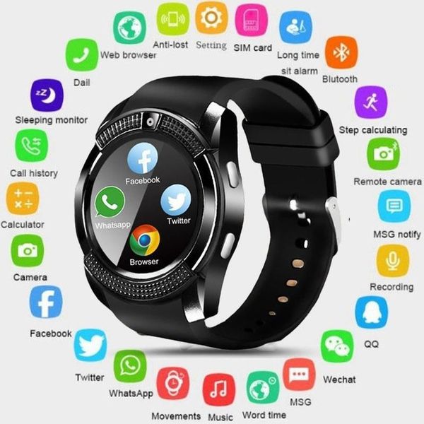 

v8 smart watch bluetooth touch screen android waterproof sport men women smartwatched with camera sim card pk dz09 gt08 a1