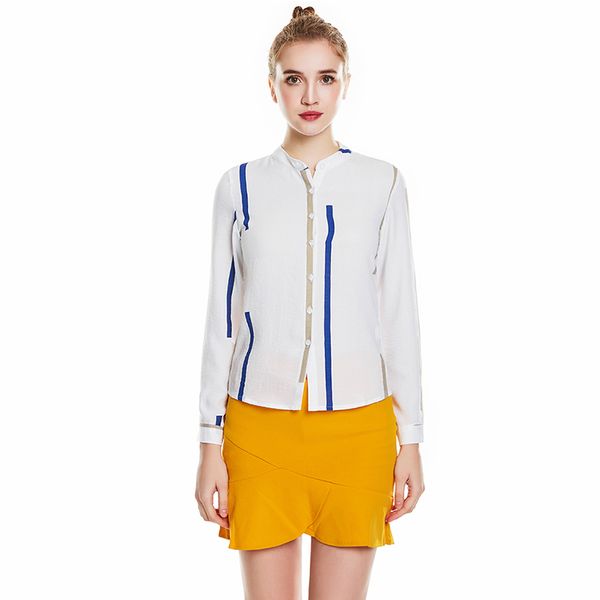 

epacket shipping stand collar women casual striped blouses shirts lady long sleeve spring summer clothes size s-3xl, White