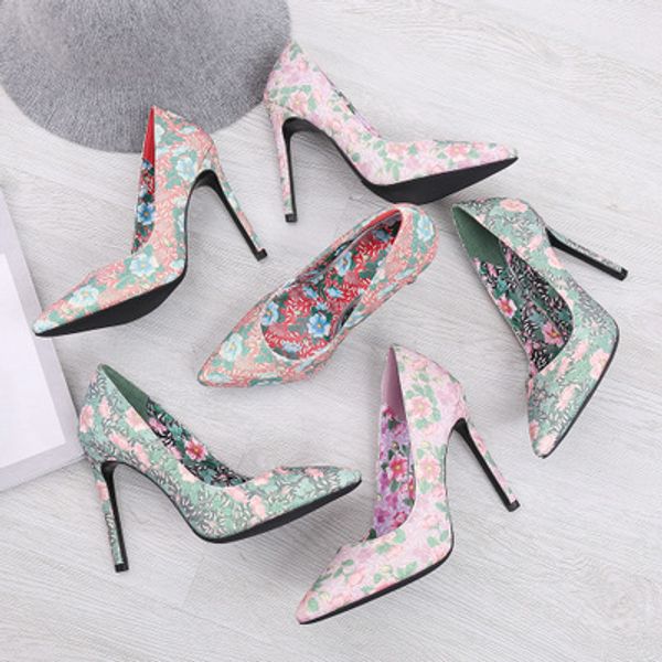 

women pumps shoes fashion gradient high heels 11cm flowers single shoes female spring summer stilettos wedding party shoes, Black