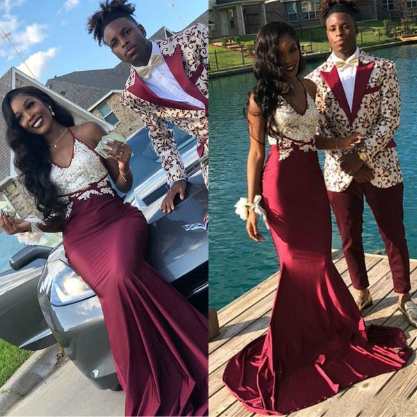 

2019 burgundy mermaid prom dresses spaghetti straps lace applique black girls cocktail party gowns custom made long evening dresses