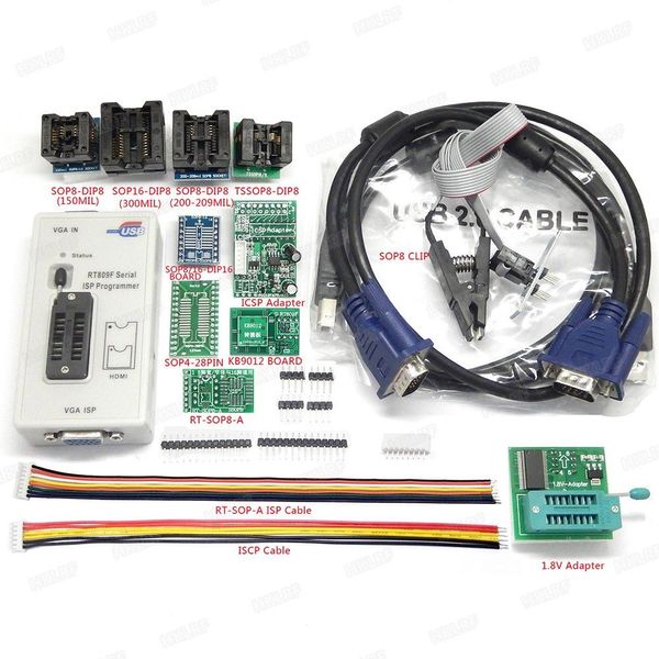 Freeshipping RT809F ISS Programcı + 11 Adaptörler ICSP kurulu 6 Uyarıcılar 24-25-93 serise IC Çevrimdışı kurulu KB9012 + VGA LCD ISS programcı RT809