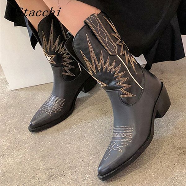 

mstacchi women botas fashion retro western boots mujer square high heels autumn winter boots woman pointed toe motorcycle shoes, Black