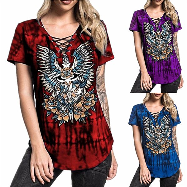 

2019 summer women's new tie dye wing print bandage short sleeve t-shirt womens shirts, White