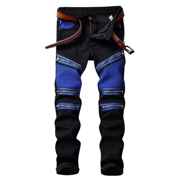 

fashion mens straight slim fit biker jeans pants distressed skinny ripped destroyed denim jeans washed hiphop trousers black s48, Blue
