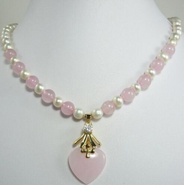 

bastante 7-8mm blanco perla y rosa de grano jade + corazÃ³n colgante de jade collar, Silver